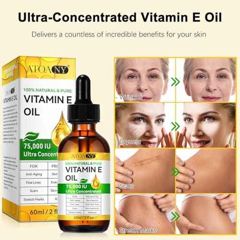 Vitamin E Oil,Natural Vitamin E Oil for Skin 75,000 IU, Organic Pure Vitamins E Oils for Skin Face,Body Bath Moisturizing and Winkles,Reduce Fine Lines & Scars 2Fl Oz