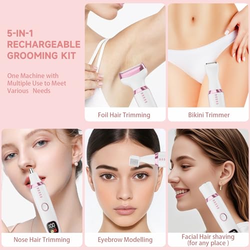 Electric Razor Shavers for Women 5 in 1 Electric Shaver for Women,Cordless Replaceable Facial Eyebrow Razors & Nose Hair Trimmer, Wet Dry Bikini Trimmer Pubic Hair Removal Gifts for Womens 3028A White