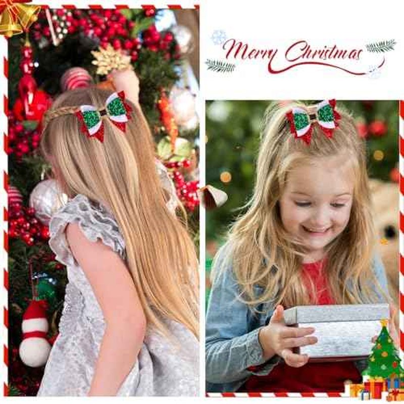 Christmas Hair Bows, Glitter Hair Clips for Girls, 3.5 Inch Red Green White Bows Alligator Hairpin Sparkly XMAS Hair Accessories Christmas Stocking Stuffers Gift for Kids Girls Teens Women