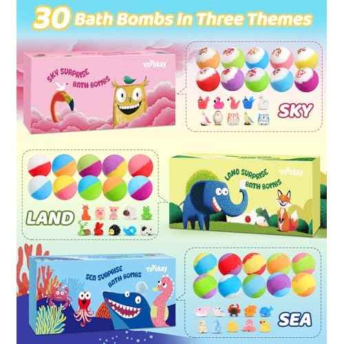 30 Bath Bombs for Kids with Toys Inside, Kids Bath Bombs Gift Set with 30 Sea & Land & Sky Animal Surprise Toy, Bubble Bath Toys, Christmas Gifts for Girls Boys, Stocking Stuffers