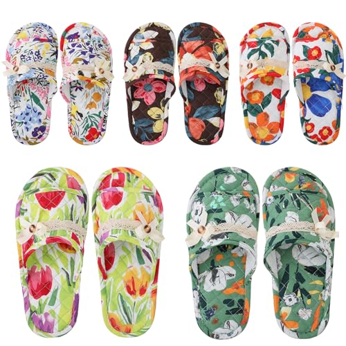 Chuarry 5 Pairs Floral Cotton House Slippers for Women, Soft Open Toe Indoor Spa Slippers for Guests Non Slip Washable Comfortable Portable Shoes for Hotel Travel Bedroom Airplane Party