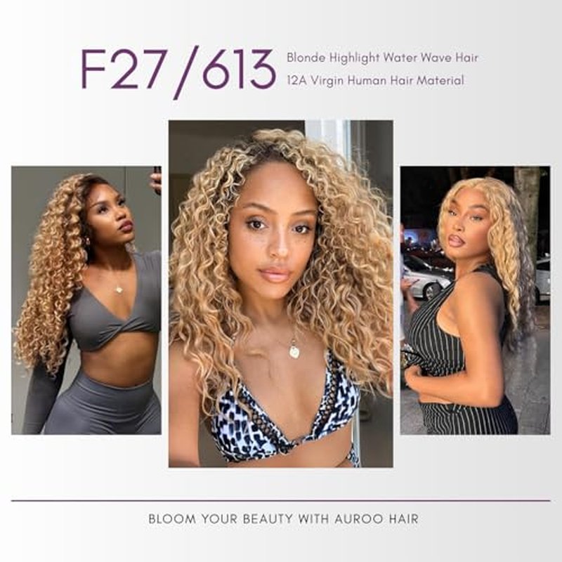 27/613 Ombre Blonde Bundle Human Hair Water Wave, 13A Grade Highlighted Multi-Blonde Human Hair Wet n Wavy Curly Single Bundles 100% Raw Brazilian Silky Colored Hair Weaves Extension 14 Inch