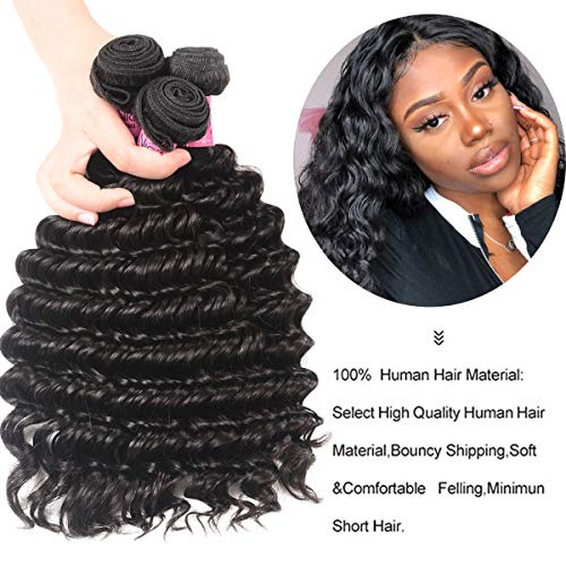 UNICE Deep Wave Human Hair Weave 1 Bundle 16 inch Unprocessed Brazilian Virgin Human Hair Sew in Extensions Natural Black Color Can be Dyed and Bleached