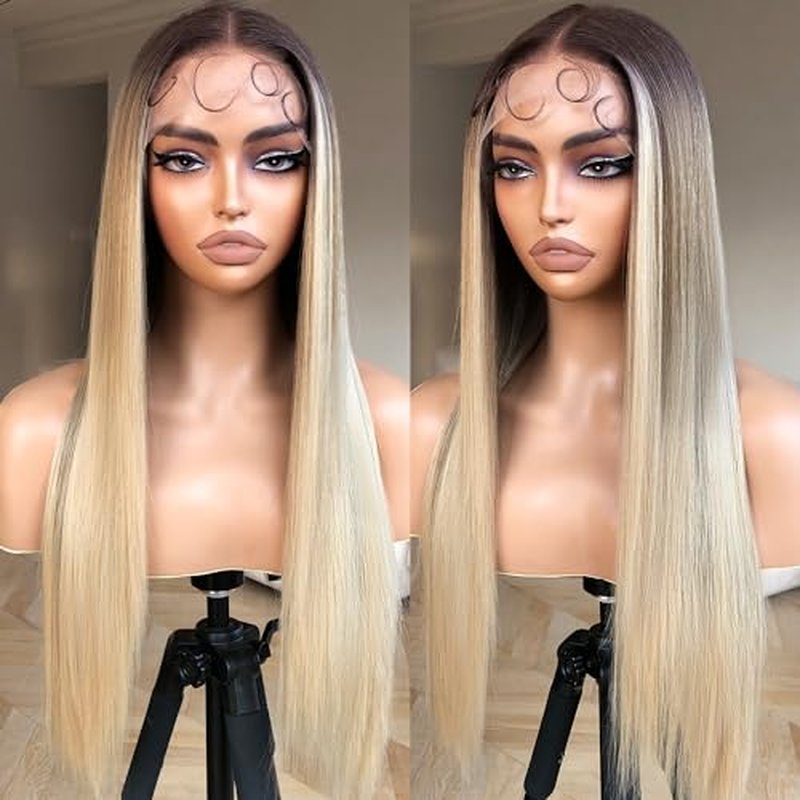 Straight Lace Wig Pre Plucked, Synthetic Lace Front Wig Pre Plucked, HD Glueless Wigs 13X5X1 Lace Wigs for Women 180 Density 26inch (ombreblond, 26)
