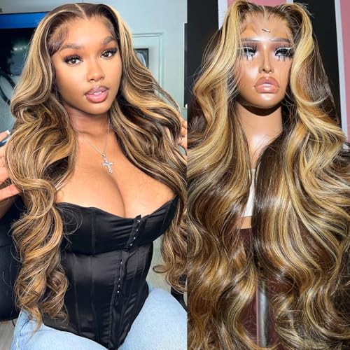 Highlight Ombre Lace Front Wigs Human Hair 13x6 Body Wave Frontal Wigs Pre Plucked With Baby Hair 180% Density 4/27 Colored Honey Blonde Wig Human Hair for Women 24 Inch