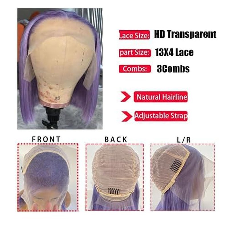 Lilac Lace Front Wigs Human Hair,13x4 Glueless HD Lace Bob Wigs Human Hair Pre Plucked Hairline with Bleached Knots Straight Brazilian Virgin Hair 10" 150% Density Purple Short Bob Wigs for Women