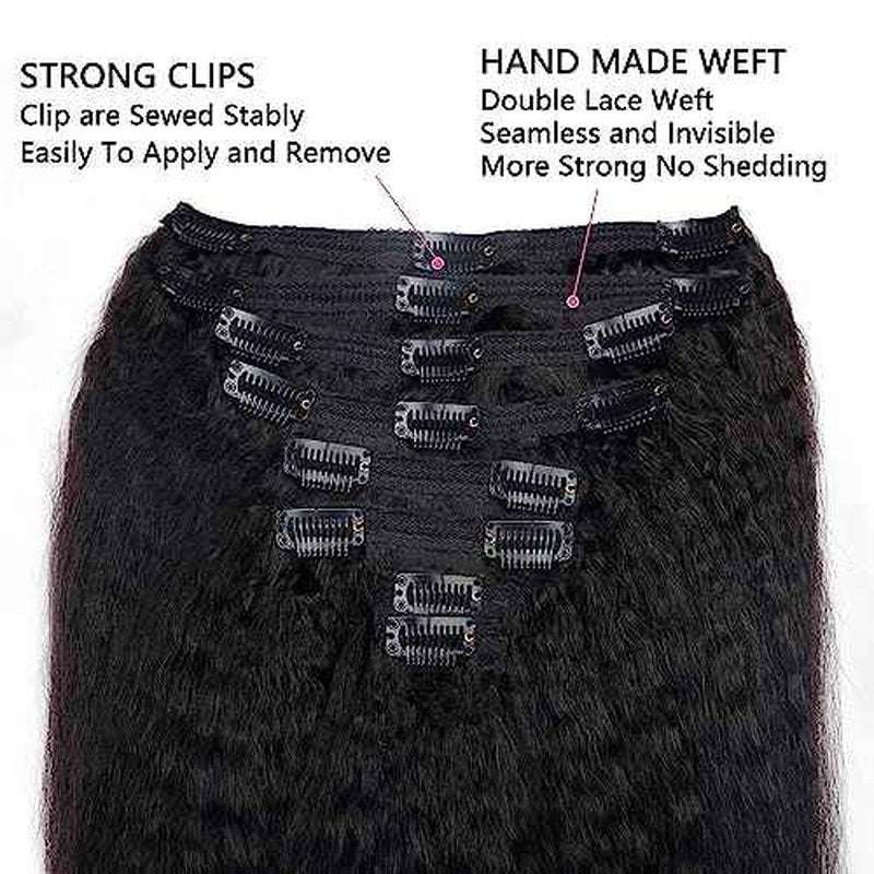 28 Inch Kinky Straight Clip In Hair Extensions Real Human Hair Kinky Straight Clip Ins #1B Natural Color Clip on Hair Extensions 8pcs with 18Clips Per Set 120g