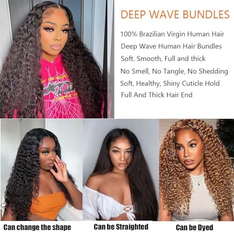 100% Unprocessed Deep Wave Human Hair Bundles 12A Brazilian Virgin Wet and Wavy 1 Bundles Double Weft Deep Curly Weave Human Hair Bundles Natural Black 20 Inch