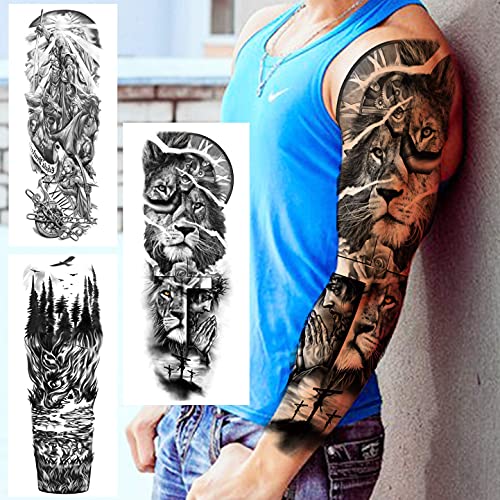 20 Sheets Extra Large Full Arm Temporary Tattoos For Men Adults, Tiger Snake Leopard Lion King Temporary Tattoos Sleeve For Women, Temp Waterproof Fake Tattoo Stickers For Kids Warrior Tatoos