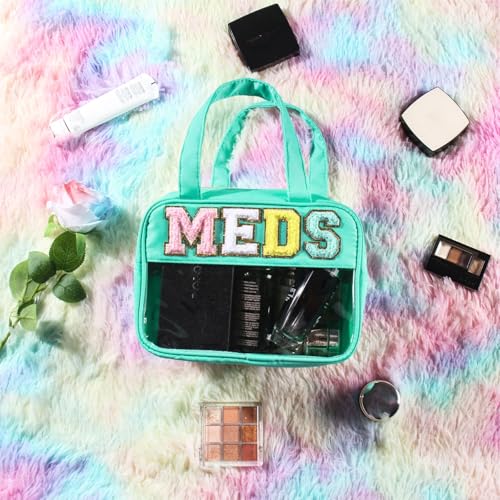 Chenille Letter Clear Medicine Bags, Makeup Bag for Travel, Preppy Patch Nylon Cosmetic Meds Pouch with Handles and Zipper, Waterproof Large Clear Travel Toiletry Purse Storage for Women Green