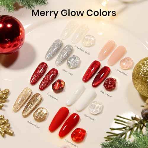 Beetles Merry Glow Christmas Gel Polish Set - 8 Holiday Colors Gel Nail Gift Box with Base&Top Coat, White Red Gold Silver Cat Eye Nude Nail Kit, Uv Led DIY Salon Manicure Kit Beauty Gifts for Women