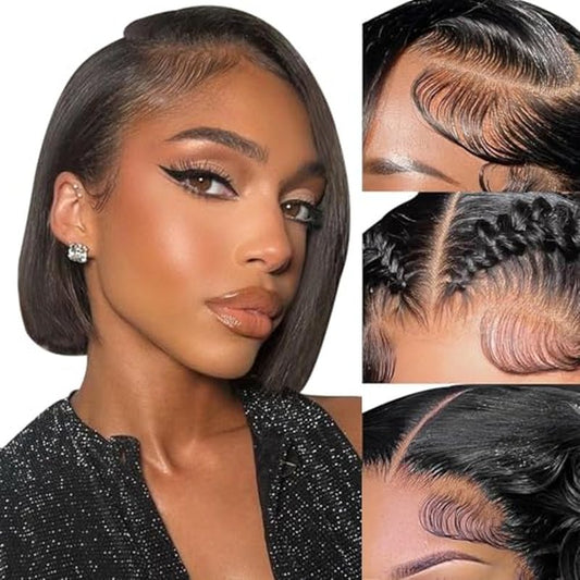 13x4 Bob Wig Human Hair 180 Density HD Transparent Lace Front Wigs Human Hair Short Bob Pre Plucked Straight Wigs Human Hair for Women Natural Black Color 12 Inch