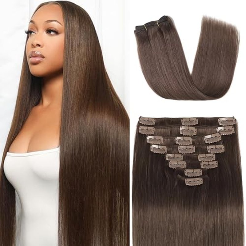 Clip in Hair Extensions Real Human Hair 3.6oz/100g Clip ins 100% Brazilian Remy Human Hair Extension for Women 8pcs Per Set with 18 Clips Double Weft (18 Inch #4 Chocolate Brown)