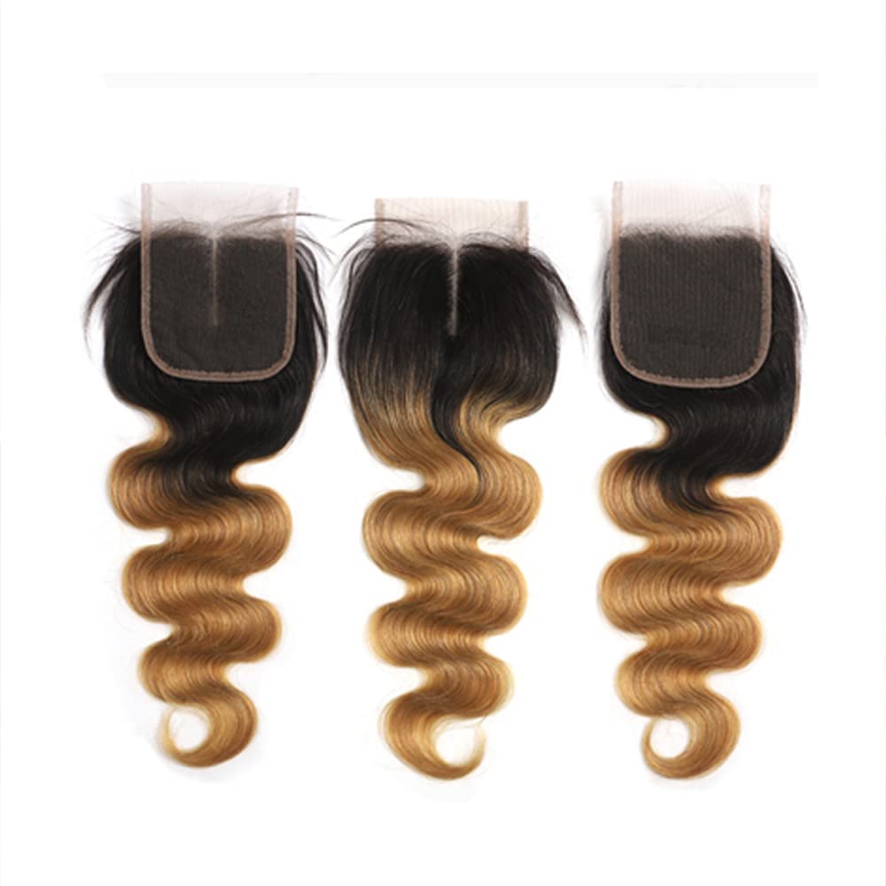 Ombre Lace Closure 4X4 Transparent Lace 14 Inch Free Part With Baby Hair Body Wave Closure For Women Pre Plucked Natural Hairline Peruvian Virgin Hair Real Human Hair Next Day Delivery 1B/27 Closure