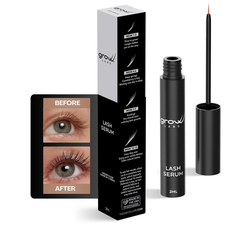 Grow Labs Lash Serum – Eyelash Enhancer with Peptides & Biotin – Strengthens, Nourishes & Defines Lashes for Longer, Fuller and Thicker Looking – Vegan Formula – Hormone-Free – Made in USA – 2 ml