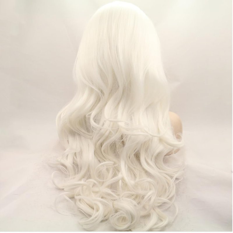 xiweiya 60# Platinum Blonde Wavy Lace Front Wig Long White Blonde Wavy Curly Synthetic Lace Front Wig White Queen Wig 13x3 Lace Wig Heat Resistant Hair 180% Density Wigs for Woman Drag Queen 24inch