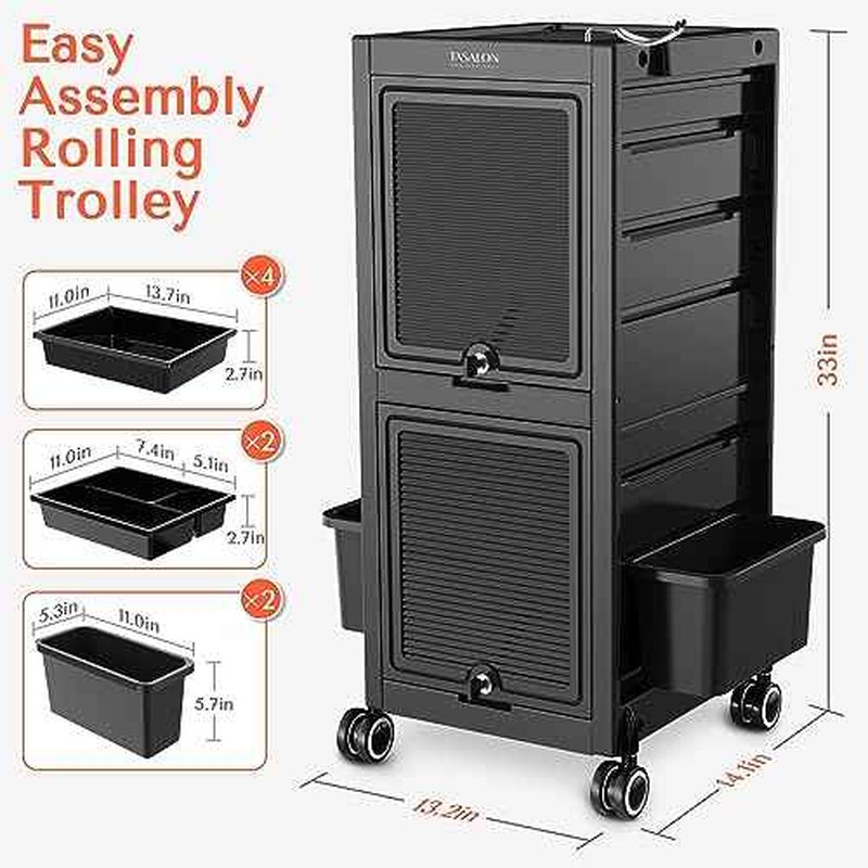 TASALON Premium Lockable Salon Trolley with Wheels and 6 Drawers & 2 Bucket, Versatile Salon Cart for Hair Stylist, Tattoo, Barber