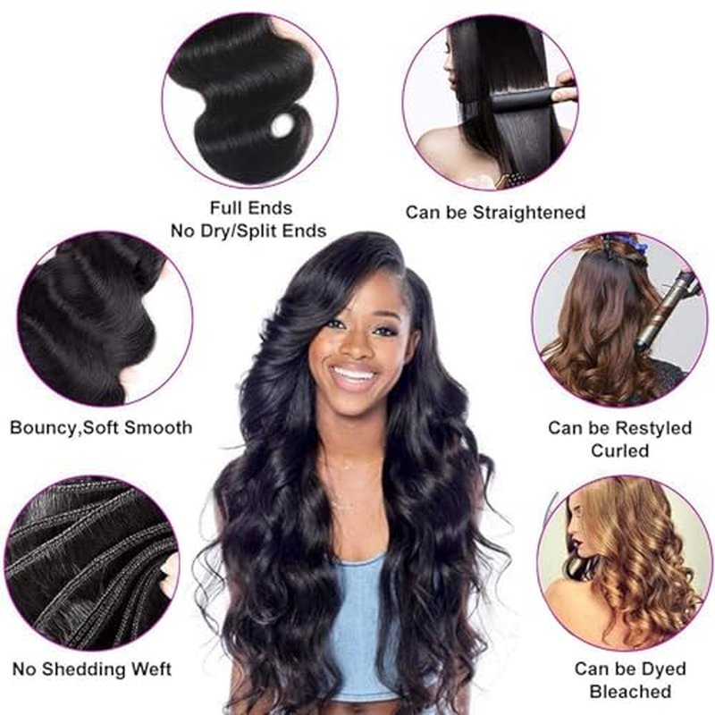 Body Wave Human Hair Bundles 16 18 20 Inch 100% Unprocessed Brazilian Virgin Hair Weave 3 Bundles Human Hair Weft Body Wave Hair Extension for Black Women Natural Black