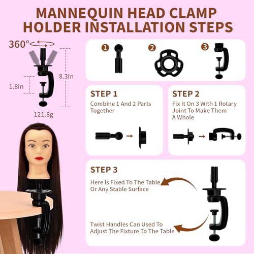 28" Cosmetology Mannequin Head With Hair£¬Doll Head For Hair Styling£¬Training Head For Braiding Cutting & Styling Practice £¬Includes Free Wig Stand & Hair Tools Set (Drak brown)