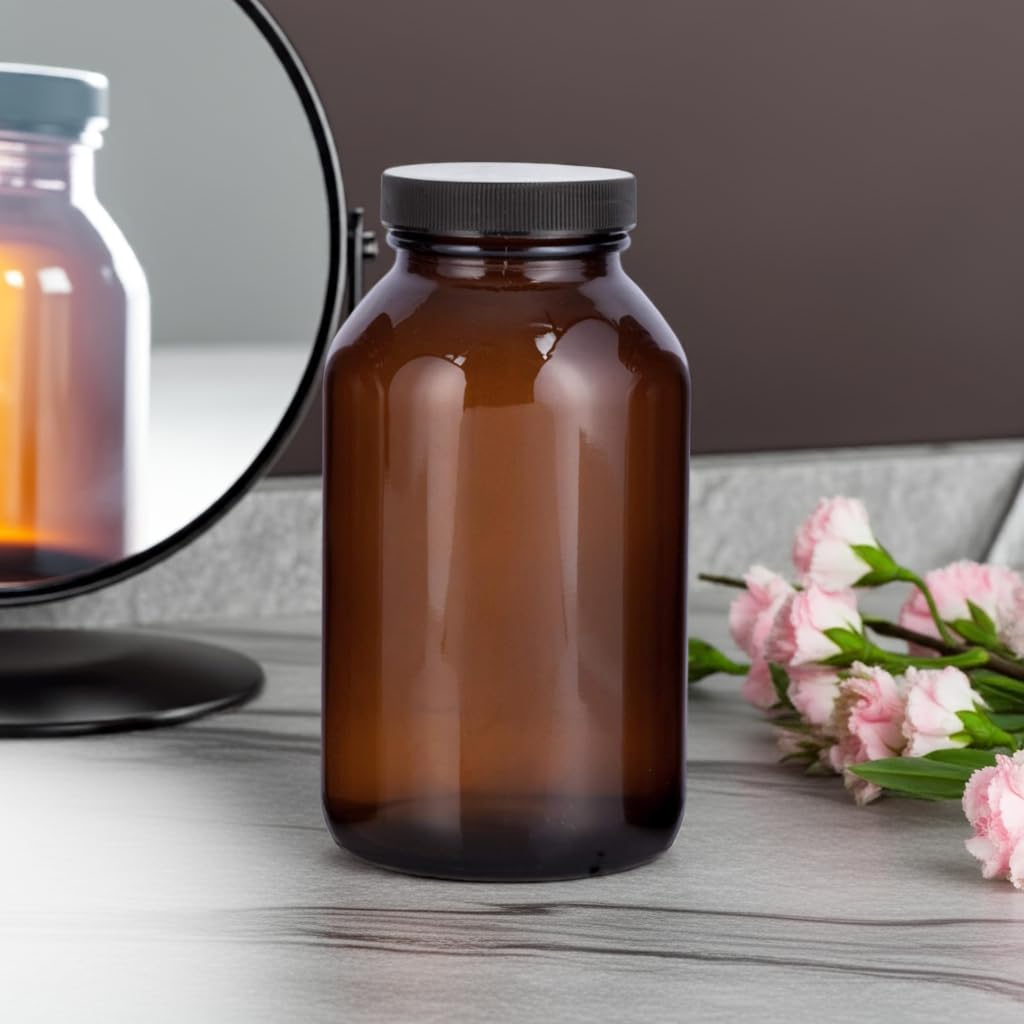 JUVITUS Amber 17 oz Wide Mouth Glass Packer Bottle with Black Lid (4 pack)