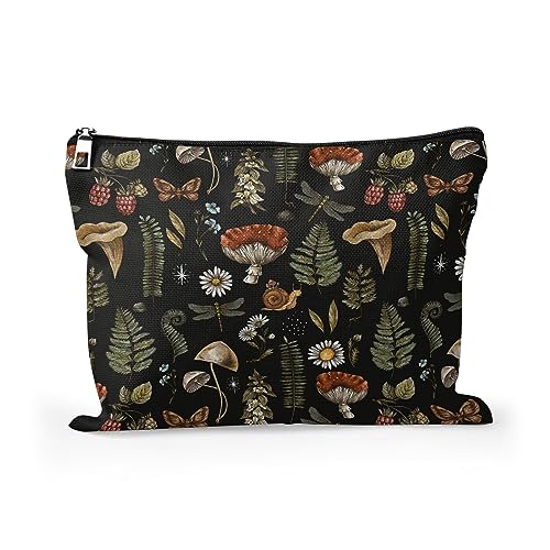 Cafl Vintage Woodland Makeup Bag Travel Large Mushroom Fern Cosmetic Bag Organizer toiletry Essentials Jewelry Skincare Zipper Bag For Women -10¡¿8 inch
