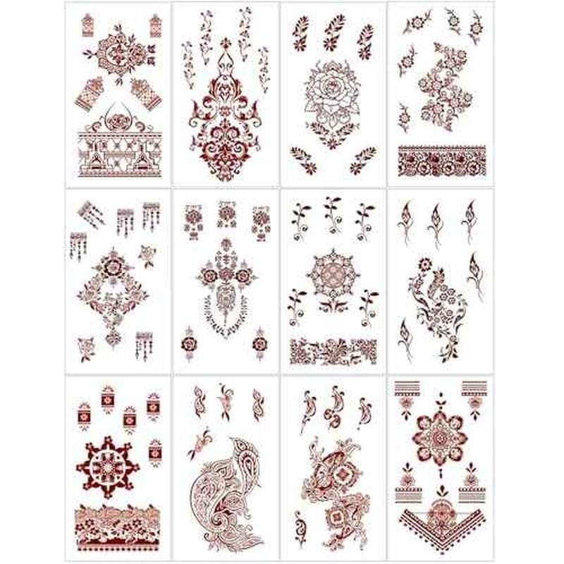 Henna Tattoo 12 Sheets Red Brown Henna Mehndi Temporary Tattoos for Women and Teen Girl, Waterproof Realistic Fake Tattoos for Wedding Beach Rave Festival Party Makeup Body Paint Parties Friends etc