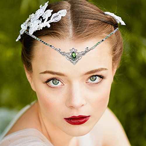 MOSTORY Handmade Green Crystal Tiara for Princess Wedding Rhinestone Fairy Crown Headband for Bridal Shower V-shape Woodland Elf Headpiece for Women Queen Bachelorette Party Medieval Fair Proms
