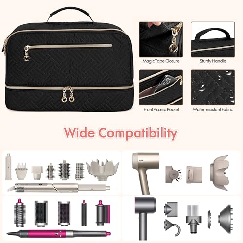 Teamoy Travel Carrying Case Compatible with Shark Flexstyle, Double-Layer Storage Bag for Shark Hyperair, Portable Travel Organizer for Dyson Airwrap Styler and Attachments, Black Quilted