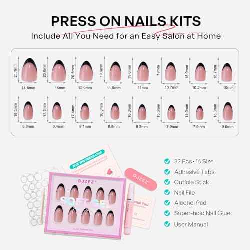 Black French Tip Press on Nails Halloween Fall - GJZEZ Soft Gel Short Almond Christmas Prom Fake Nails Press Ons, Salon Quality False Glue on Nail | 16 Sizes - 32 pcs Reusable Nail with Glue