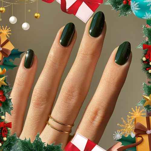Modelones Dark Green Press on Nails Almond, Christmas Short Almond Fake Nails, Reusable Nail Kit with Nail Glue Adhesive Tabs Mini Nail File, Nails Press Ons 32Pcs 16 Sizes