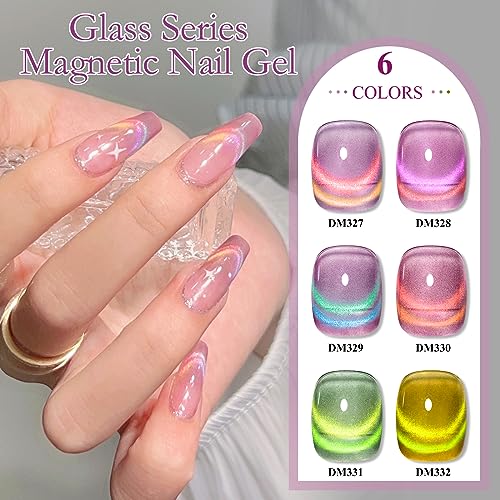 MTSSII Cat Eye Gel Nail Polish Glass Series Magnetic Nail Gel Rainbow Jelly Cateye Pink Purple Translucent UV/LED Nail Polish Nail Art Gifts Set for Women
