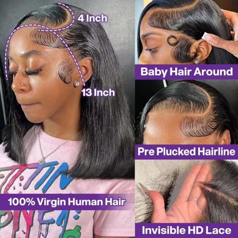 Bob Wig Human Hair 13x4 HD Lace Frontal Short Straight Lace Front Bob Wigs for Black Women Human Hair Pre Plucked Glueless Side Part 180% Density Black Color 14 Inch