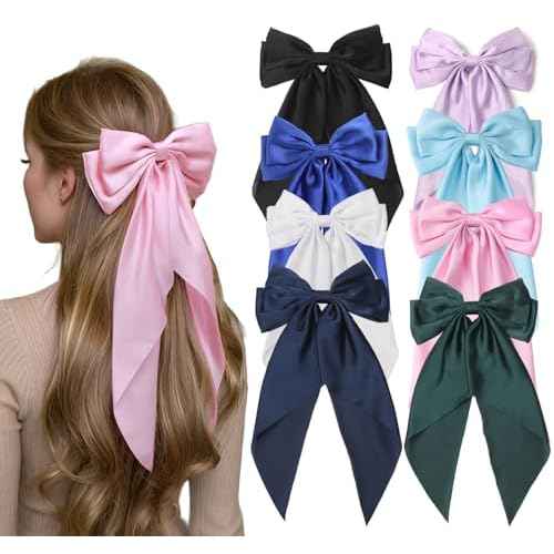 Furling Pompoms Hair Bows for Women,Large Satin Silky Hair Bow Clips Ribbon Long Tail French Barrette Hair Clamps Girls Hair Accessories Party Wedding Christmas Thanksgiving (Popular Colors)