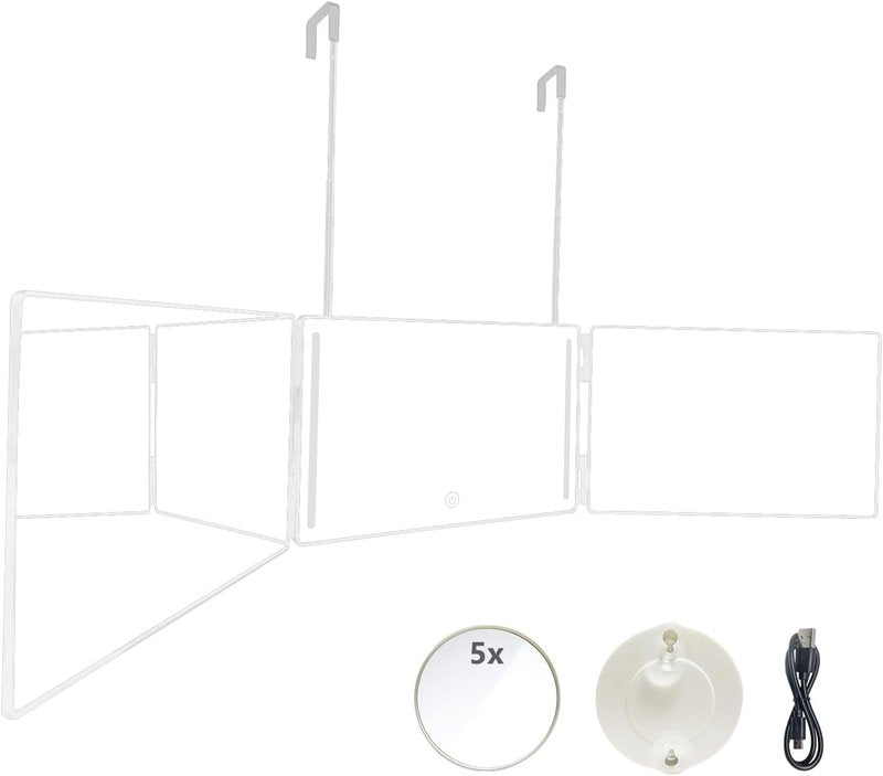 Trifold Mirror with Adjustable Height Brackets - 5X Magnification | LED Lighting for Haircuts & Makeup (White)
