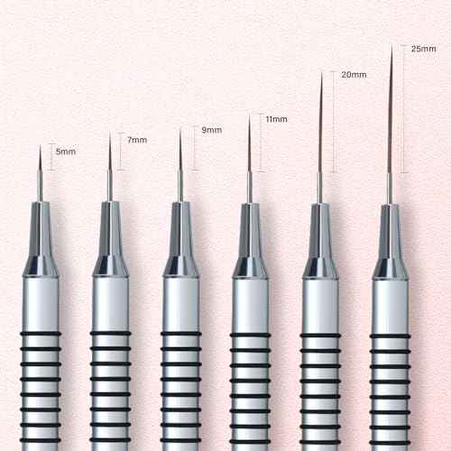 Metallic Nail Art Brushes, 6Pcs Non Slip Liner Brush Set, UV Gel Polish Painting Art Design Pen for Long Lines, Thin Details, Fine Drawing Sizes 5/7/9/11/20/25mm(Silver)