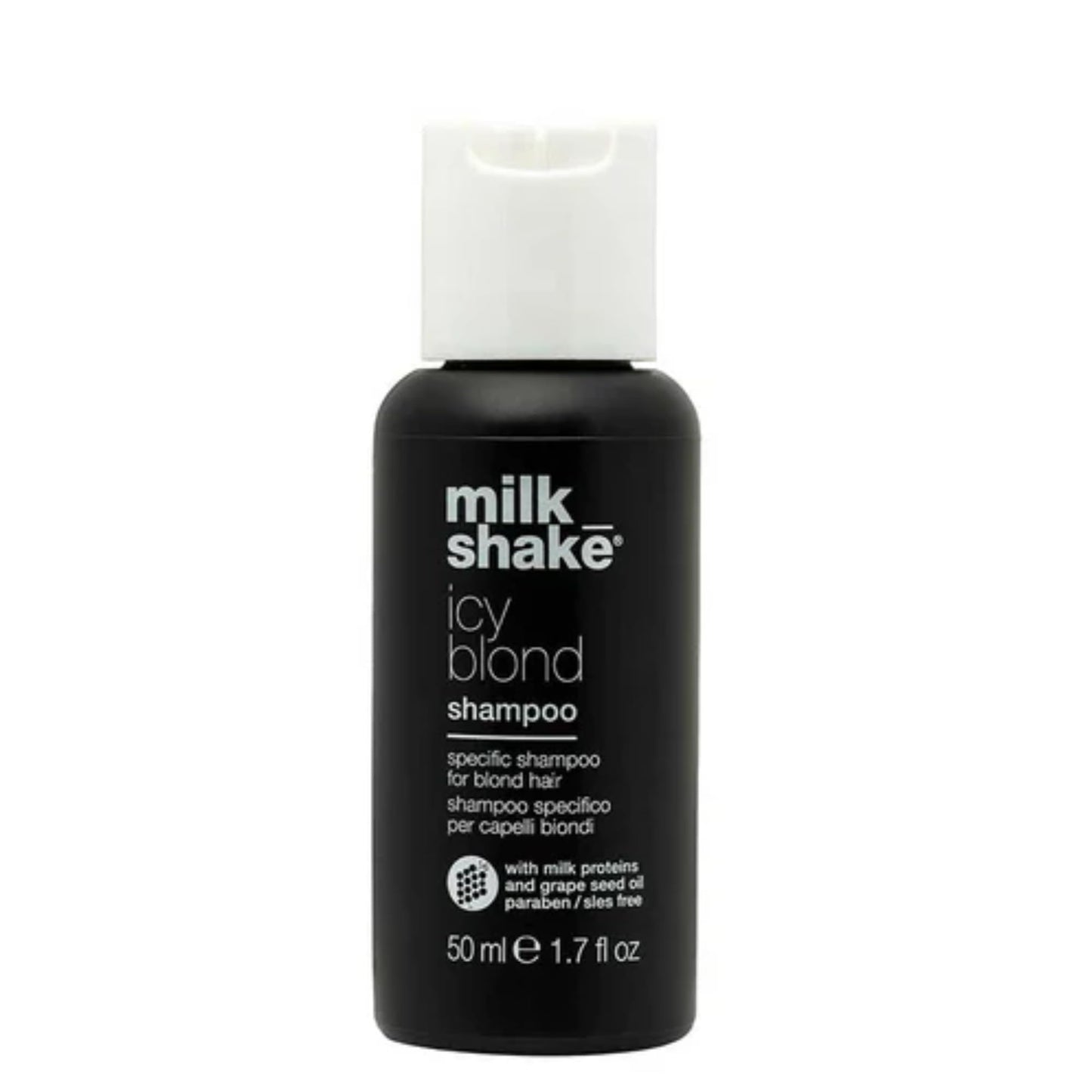 milk_shake icy blond shampoo | award winning toning shampoo with black pigment to cool brassy and enhance platinum blonde hair | ideal for maintaining icy, ash-toned color, 1.7 fl oz / 50 mL