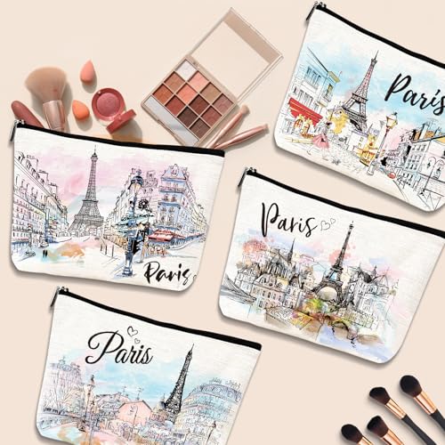 Paris Gifts Travel Essentials - 4Pcs Eiffel Tower Makeup Bag, France Paris City Watercolor Cosmetic Bags with Zipper Pouch, Weekend Vacation Trip Gifts for Travellers Women Girls