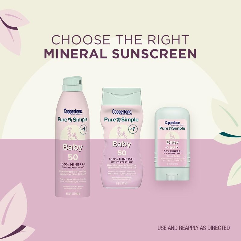 Coppertone Pure and Simple Baby Sunscreen Spray SPF 50, Zinc Oxide Mineral Sunscreen for Babies, Hypoallergenic and Tear Free, 5 Oz Can, Pack of 3