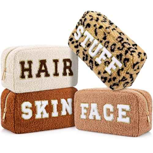 Paterr 4 Pcs Chenille Letter Preppy Patches Makeup Bag Plush Fuzzy Makeup Pouch Hair Skin Face Stuff Bag Large Cosmetic Purse Zipper Travel Toiletry Kit for Spring Gift(Brown Colors)