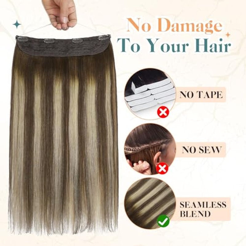 Sindra Wire Hair Extensions Real Human Hair 14Inch 70g Balayage Medium Brown Mix Caramel Blonde Fishing Line Extensions With Adjustable Clips Wire14#4/27/4