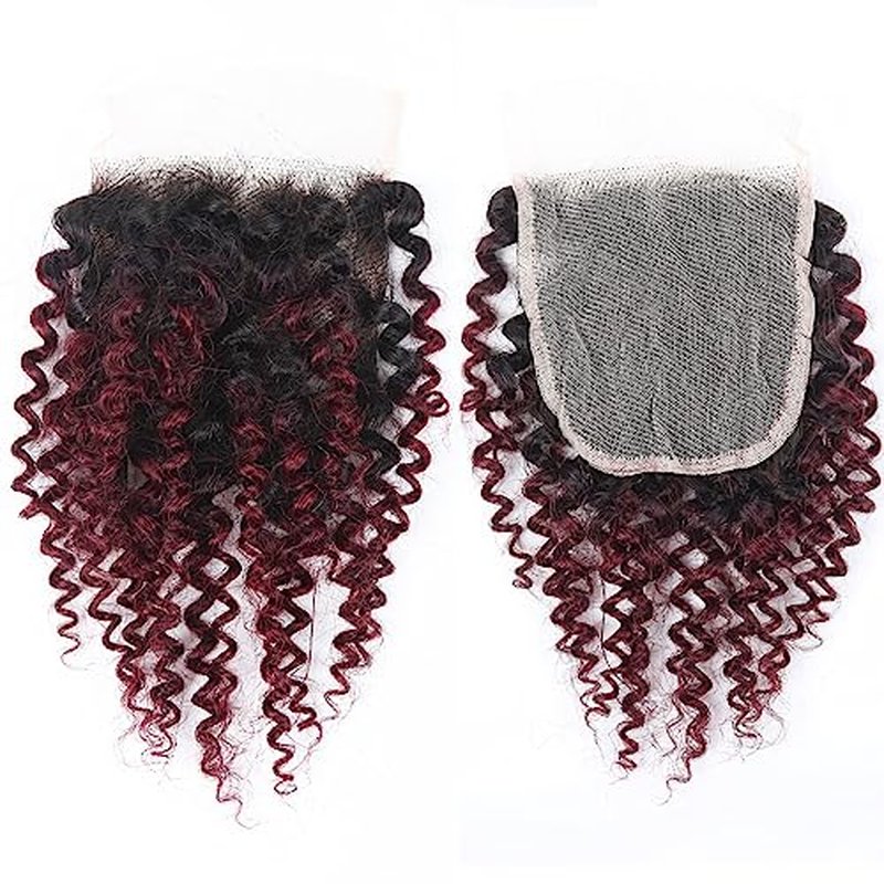 1b/99j Curly Human Hair Bundles and Closure(10 10 10+10) Kinky Curly Bundles Human Hair Brazilian Virgin Ombre 99j Burgundy Red Human Hair 3 Bundles with 4x4 Closure 50 Gram/Bundle
