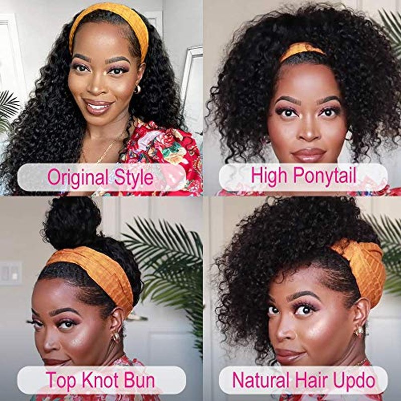 14 Inch Glueless Headband Wig Human Hair150% Curly Headband Wig Human Hair Natural Color Machine Made Curly Headband Wig Human Hair Kinky Curly None Lace Front Wigs Human Hair 100% Human Hair Wigs