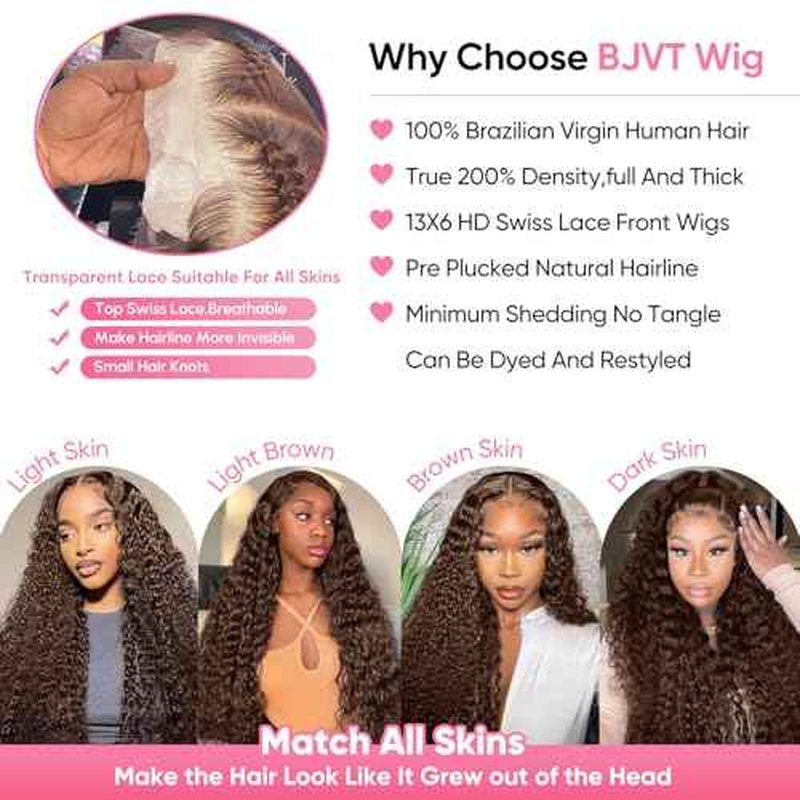 Chocolate Brown 13x6 Deep Wave Lace Front Wigs Human Hair 210Density Curly Wig HD Lace Front Wigs Human Hair Pre Plucked Frontal Wigs Human Hair Brown Glueless Wig For Women 32Inch