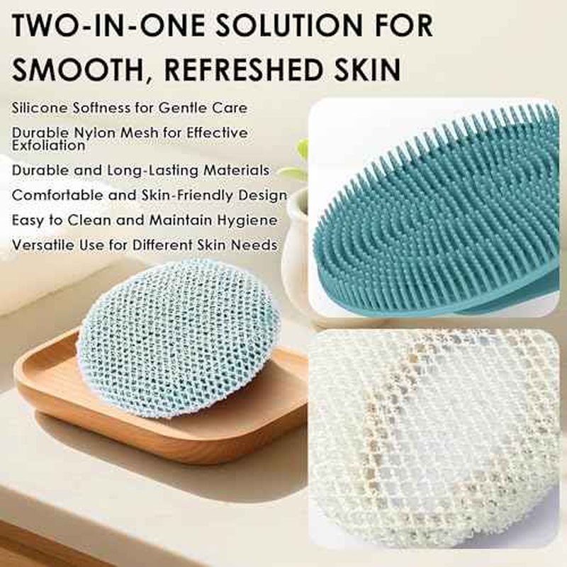 INNERNEED 2 Pieces African Net Sponge Exfoliating Shower Mesh Bath Washcloth Case, with 1 Silicone Body Scrubber Brush (DarkGreen)