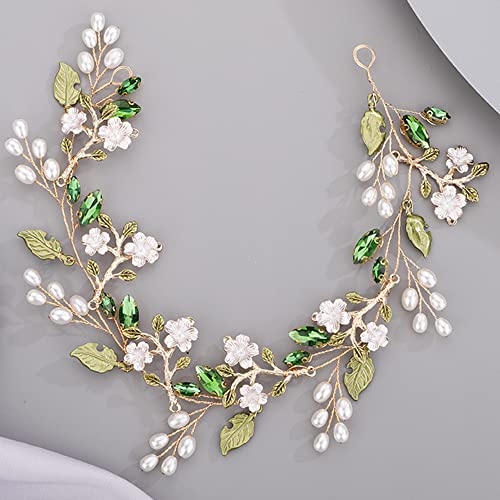 Bridal Cute Flowers Headband for Bride Bridesmaid Green leaf Crystal Hair Piece Beads Hair Vine