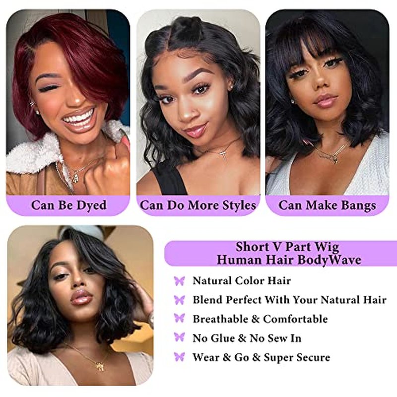 Xagujpo Body Wave V Part Wig Human Hair Upgrade U Part Human Hair Wigs for Black Women 100% Beginner Friendly No Sew In No Glue 180% Density Natural Color (8 inch)
