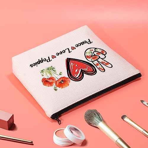 JXGZSO Red Poppy Flower Gifts Peace Love Poppies Cosmetic Organizer Bag Flowers Lover Gift Botanical Zipper Canvas Pouch