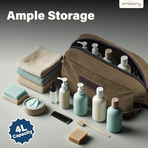 Emissary Men's Leather and Canvas Travel Toiletry Bag, Dopp Kit, Travel Bathroom Bag, Shaving Kit, Small Bags for Travel Accessories (Brown)