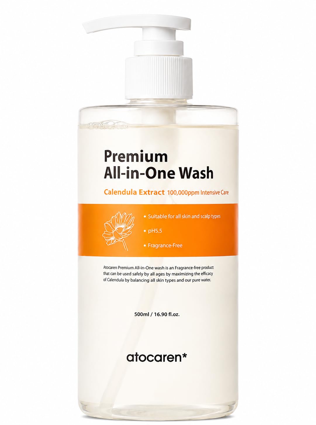 atocaren Calendula Wash – Popular Korean All-in-One Cleanser for Scalp, Face & Body, 100,000ppm Calendula, Fragrance-Free, Gentle Care for Kids & Adults