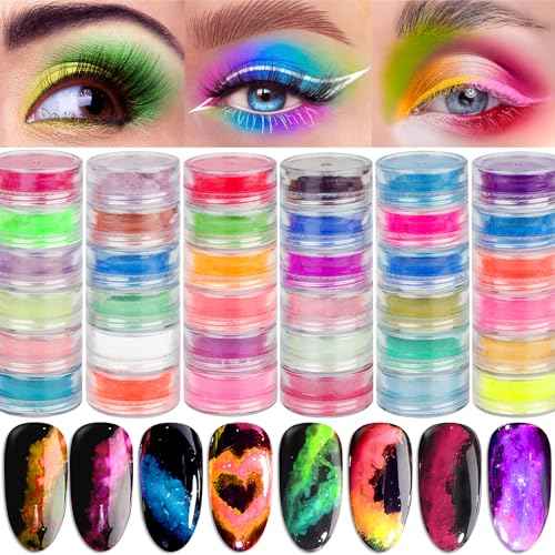 Neon Pigment Powder for Nails Eyeshadow - 36 Colors Fluorescent Neon Rainbow Smoke Nails, 3D Nail Art Pigment Powder for Acrylic Nails, Halloween Neon Makeup Pigment Eyeshadow Liner